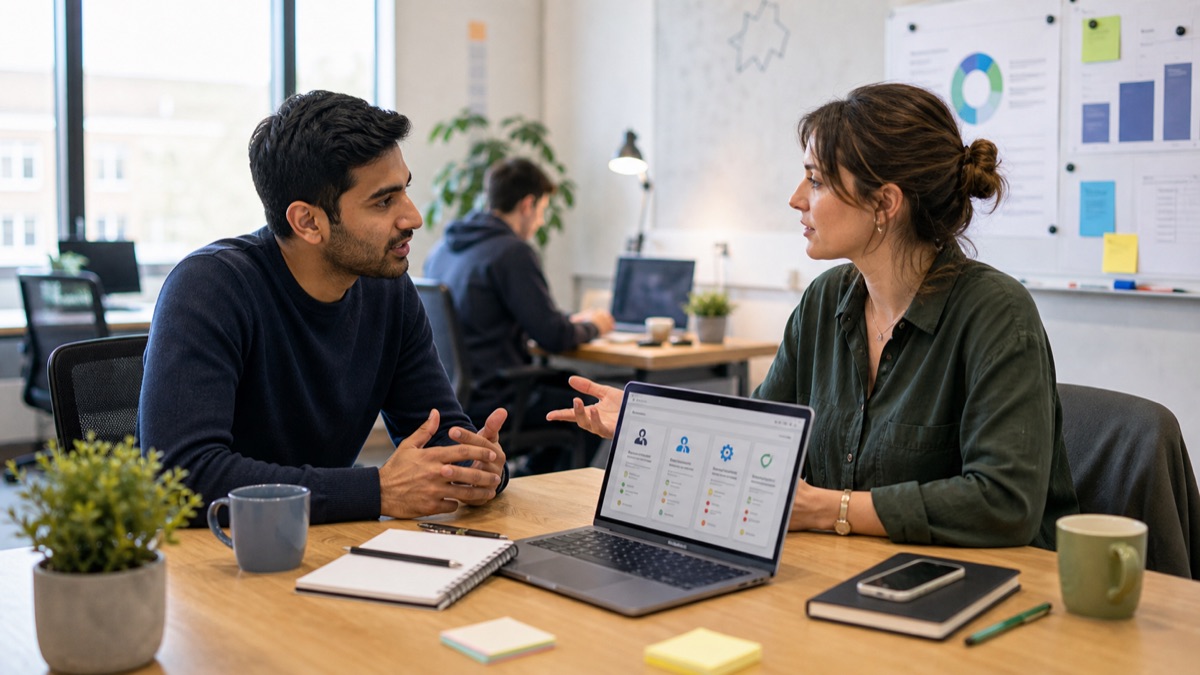International candidate discussing Skilled Worker sponsorship with a UK startup founder in a modern office